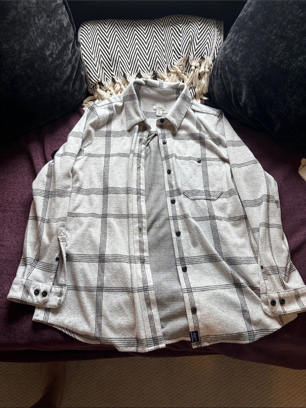 L.L. Bean Gray and Black Plaid Button-Down Shirt